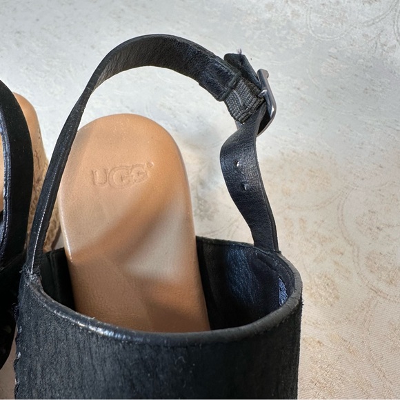 UGG Elena Black Leather Platform Wedge Strap Sandal Heels Size 7.5 - Picture 6 of 9